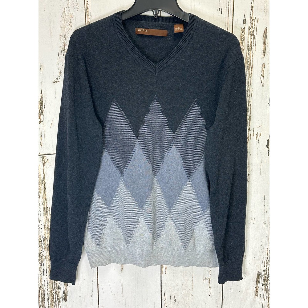 Perry Ellis Shades Of Blue V-Neck Sweater Diamond Print